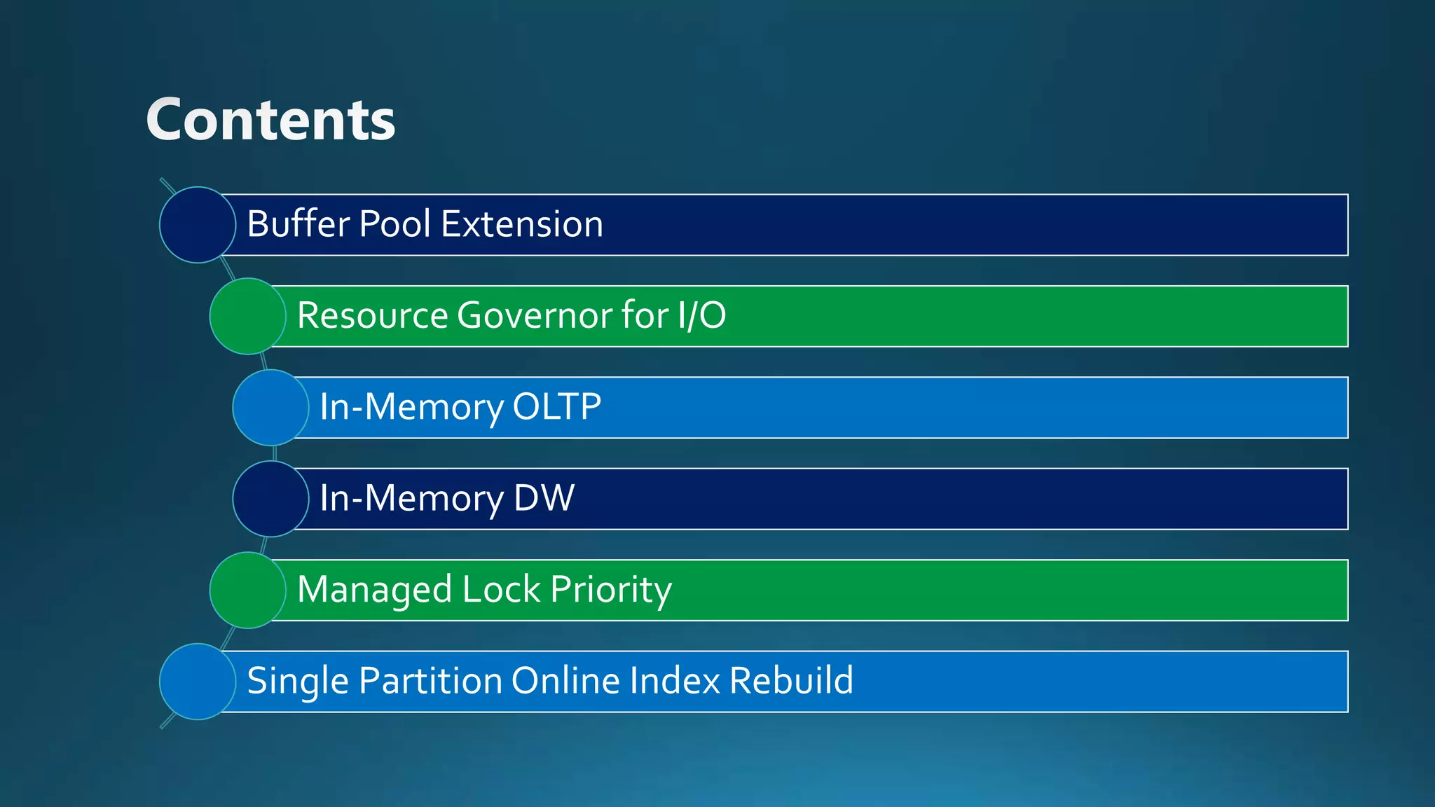Buffer Pool Extension
Resource Governor for I/O
In-Memory OLTP
In-Memory DW
Managed Lock Priority
Single Partition Online Index Rebuild
 