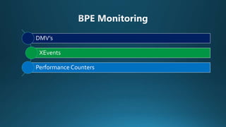 DMV’s
XEvents
Performance Counters
 