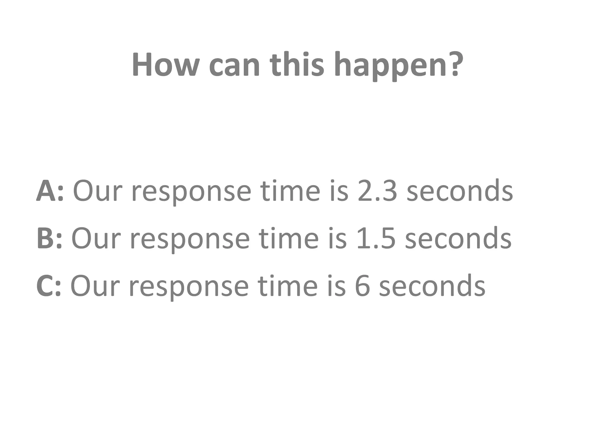 How can this happen?A: Our response time is 2.3 secondsB: Our response time is 1.5 secondsC: Our response time is 6 seconds