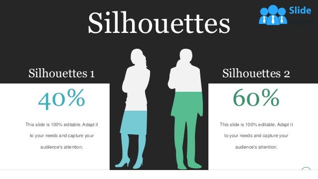 This slide is 100% editable. Adapt it to your needs and capture your audience's attention.
49
40%
Silhouettes 1
This slide is 100% editable. Adapt it
to your needs and capture your
audience's attention.
60%
Silhouettes 2
This slide is 100% editable. Adapt it
to your needs and capture your
audience's attention.
Silhouettes
 