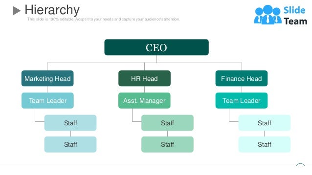 This slide is 100% editable. Adapt it to your needs and capture your audience's attention.
Hierarchy
50
CEO
Marketing Head HR Head Finance Head
Team Leader
Staff
Asst. Manager Team Leader
Staff
Staff
Staff
Staff
Staff
 