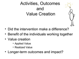 Activities, Outcomes
and
Value Creation
• Did the intervention make a difference?
• Benefit of the individuals working together
• Value creation
• Applied Value
• Realized Value
• Longer-term outcomes and impact?
 