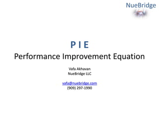 NueBridge




               PIE
Performance Improvement Equation
             Vafa Akhavan
             NueBridge LLC

           vafa@nuebridge.com
              (909) 297-1990
 