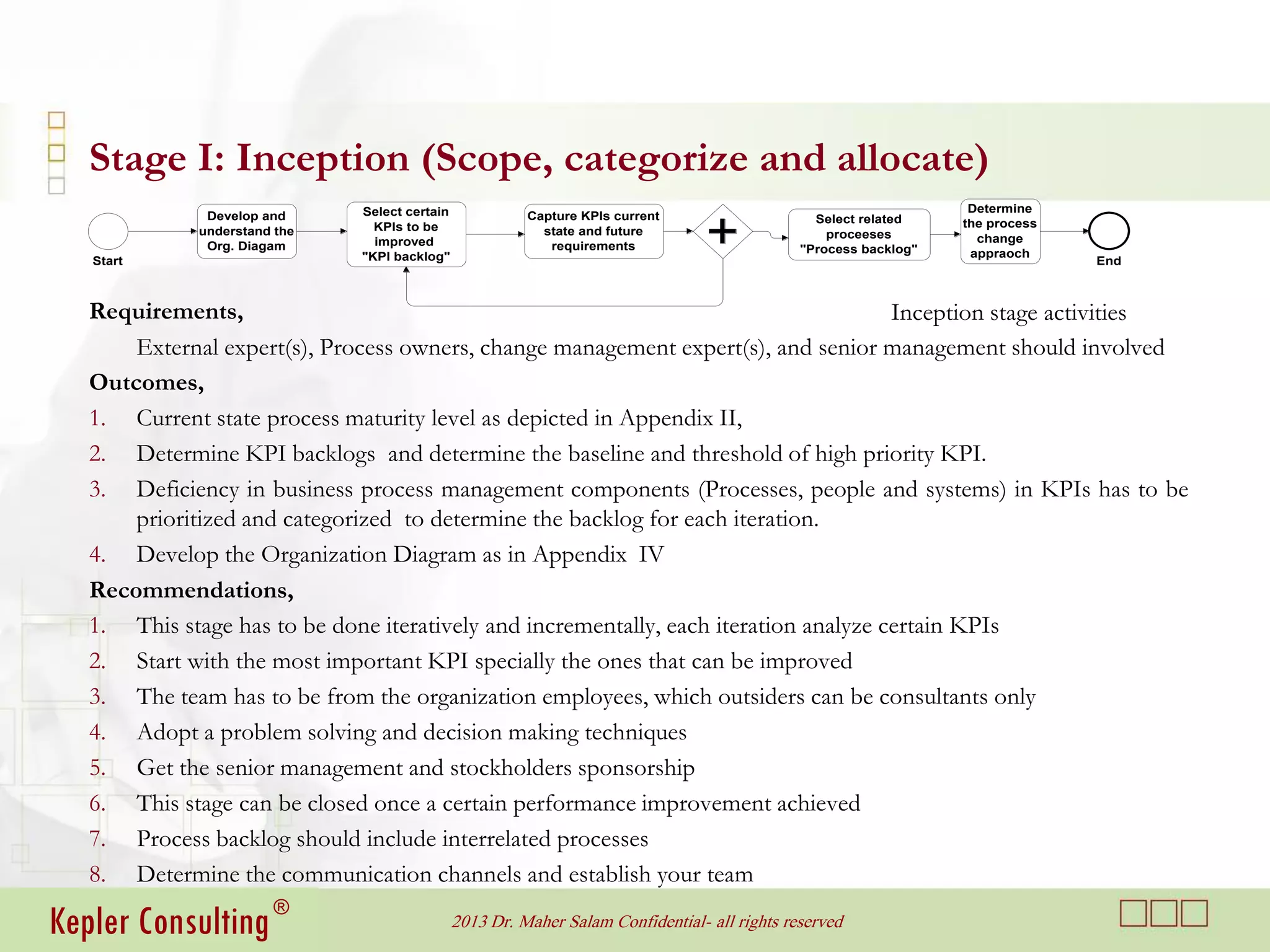 Stage I: Inception (Scope, categorize and allocate)
                              Select certain                                                                        Determine
              Develop and                                Capture KPIs current                    Select related
                                KPIs to be                                                                         the process
             understand the                                state and future                        proceeses
                                improved                                                                             change
              Org. Diagam                                   requirements                       "Process backlog"
                              "KPI backlog"                                                                         appraoch
   Start                                                                                                                         End



   Requirements,                                                                       Inception stage activities
       External expert(s), Process owners, change management expert(s), and senior management should involved
   Outcomes,
   1. Current state process maturity level as depicted in Appendix II,
   2. Determine KPI backlogs and determine the baseline and threshold of high priority KPI.
   3. Deficiency in business process management components (Processes, people and systems) in KPIs has to be
       prioritized and categorized to determine the backlog for each iteration.
   4. Develop the Organization Diagram as in Appendix IV
   Recommendations,
   1. This stage has to be done iteratively and incrementally, each iteration analyze certain KPIs
   2. Start with the most important KPI specially the ones that can be improved
   3. The team has to be from the organization employees, which outsiders can be consultants only
   4. Adopt a problem solving and decision making techniques
   5. Get the senior management and stockholders sponsorship
   6. This stage can be closed once a certain performance improvement achieved
   7. Process backlog should include interrelated processes
   8. Determine the communication channels and establish your team

Kepler Consulting ®                            2013 Dr. Maher Salam Confidential- all rights reserved
 