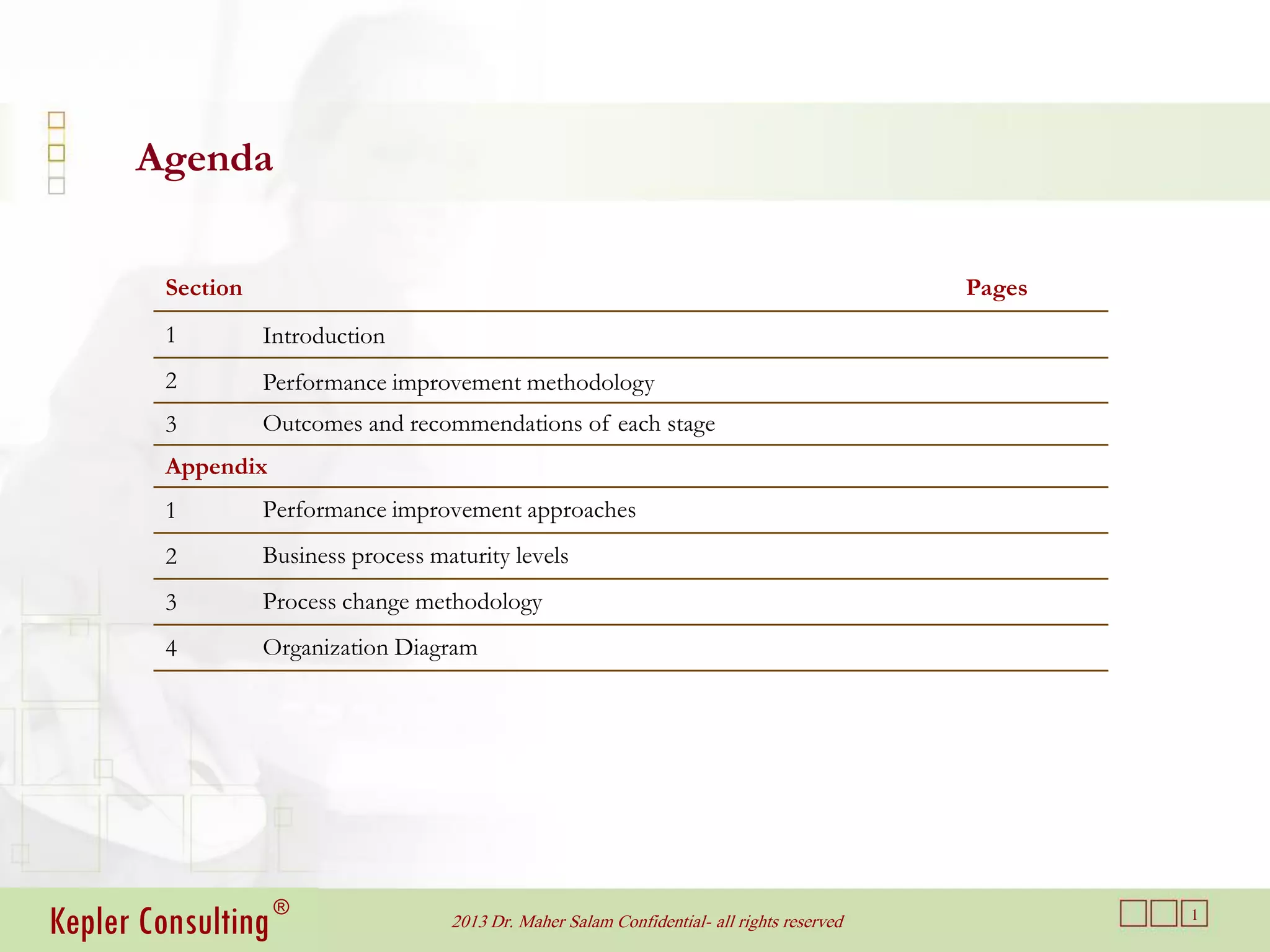Agenda

         Section                                                                               Pages
         1         Introduction
         2         Performance improvement methodology
         3         Outcomes and recommendations of each stage
         Appendix
         1         Performance improvement approaches
         2         Business process maturity levels
         3         Process change methodology
         4         Organization Diagram




Kepler Consulting ®                   2013 Dr. Maher Salam Confidential- all rights reserved           1
 