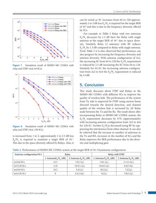 S. Lenin and N. Tamilarasan
Indian Journal of Science and Technology 5Vol 12 (10) | March 2019 | www.indjst.org
is increased from 1 to 2, approximately 1 to 2.5 dB less
Eb
/No
is required to maintain a target BER of 10-3
.
This due to the space diversity offered by Relays. Also, it
can be noted as SC increases from 64 to 128 approxi-
mately 2 to 3 dB less Eb
/No
is required for the target BER
of 10-3
and this is due to the frequency diversity offered
by SCs.
For example in Table 2 Relay with two antennas
Eb
/No
decreases by 1.3 dB then the Relay with single
antenna at the target BER of 10-3
due to space diver-
sity. Similarly Relay (2 antenna) with BF reduces
Eb
/No
by 1.3 dB compared to Relay with single antenna.
From Table 2 it is also observed that performance can
also progress by increasing the frequency diversity and
antenna diversity. With antenna configuration of 2x2,
the increasing SC from 64 to 128 the Eb
/No
requirement
is reduced by 2.5 dB increasing the SC from 64 to 128.
Similarly for 64 SC the increasing antenna configura-
tion from 2x2 to 4x4 the Eb
/No
requirement is reduced
by 4.1dB.
5. Conclusion
This study discusses about ITBF and Relays in the
MIMO MC-CDMA with different SCs to improve the
quality of wireless link. The performance of the system
from Tx side is improved by ITBF using narrow beam
directed towards the desired direction, and channel
quality of the wireless link is increased by AF Relay
node between the Tx and the Rx. The result shows after
incorporating Relay in MIMO MC-CDMA system, the
Eb
/No
requirement decreases by 47% (approximately)
with increasing antenna configuration from 2x2 to 4x4
for 128 SC. Further Eb
/No
is decreased using BF by sup-
pressing the interference from other channel. It can also
be inferred that the increase in number of antennas in
the Tx and RX, increases in the number of SCs and the
Relay improves the BER performance due to the diver-
sity and multiplexing gain.
Figure 7.  Simulation result of MIMO MC CDMA with
relay and ITBF (4x4, 64 SCs).
Figure 8.  Simulation result of MIMO MC CDMA with
relay and ITBF (4x4, 128 SCs).
Table 2. Performance of MIMO MC CDMA system at the target BER of 10-3 byantenna configuration
Antenna configuration/SCs Relay Relay with ITBF
1 AntennaEb
/No
(dB) 2 Antenna Eb
/No
(dB) 1 Antenna Eb
/No
(dB) 2 Antenna Eb
/No
(dB)
2x2/64 SCs 14.3 13(1.3↓) 13(1.3↓) 11.1(1.9↓)
2x2/128 SCs 11.8 10.5(1.3↓) 10.6(1.2↓) 8.6(1.9↓)
4x4/64 SCs 10.2 9.2(1↓) 8(2.2↓) 7.2(2↓)
4x4/128 SCs 8 6.2(1.8↓) 6(2↓) 3.8(2.4↓)
 