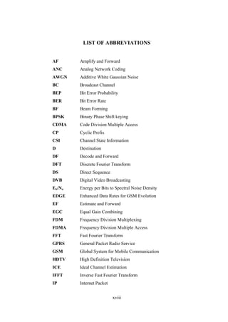 xviii
LIST OF ABBREVIATIONS
AF Amplify and Forward
ANC Analog Network Coding
AWGN Additive White Gaussian Noise
BC Broadcast Channel
BEP Bit Error Probability
BER Bit Error Rate
BF Beam Forming
BPSK Binary Phase Shift keying
CDMA Code Division Multiple Access
CP Cyclic Prefix
CSI Channel State Information
D Destination
DF Decode and Forward
DFT Discrete Fourier Transform
DS Direct Sequence
DVB Digital Video Broadcasting
Eb/No Energy per Bits to Spectral Noise Density
EDGE Enhanced Data Rates for GSM Evolution
EF Estimate and Forward
EGC Equal Gain Combining
FDM Frequency Division Multiplexing
FDMA Frequency Division Multiple Access
FFT Fast Fourier Transform
GPRS General Packet Radio Service
GSM Global System for Mobile Communication
HDTV High Definition Television
ICE Ideal Channel Estimation
IFFT Inverse Fast Fourier Transform
IP Internet Packet
 