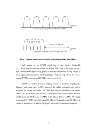 5
Fig.1.2 Comparison of the bandwidth utilization for FDM and OFDM
Each carrier in an OFDM signal has a very narrow bandwidth
(i.e. 1 kHz), thus the resulting symbol rate is low. This result in the signal having a
high tolerance to multipath delay spread, as the delay spread must be long enough to
cause significant inter symbol interference (e.g. > 100 ms). Fig.1.3 and 1.4 show a
simple OFDM transmitter and OFDM receiver respectively.
OFDM has a serious limitation of being sensitive to nonlinear amplification,
frequency and phase errors in SCs. Moreover the mobile community may not be
interested in loosing the merits of CDMA and therefore possibilities of mixing
CDMA and MCM have been initiated. Researchers have analyzed three different
combinations of OFDM and CDMA; multi carrier (MC) CDMA, MC direct
sequence (DS) CDMA and multi tone (MT) CDMA [5], out of which MC CDMA is
chosen as possible access scheme for beyond 3G mobile communication systems.
Frequency
Conventional Frequency Division Multiplex (FDM)
Frequency
Saving of bandwidth
Orthogonal Frequency Division Multiplex (OFDM)
 