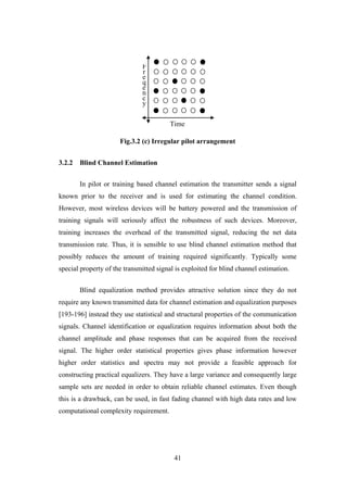 41
Fig.3.2 (c) Irregular pilot arrangement
3.2.2 Blind Channel Estimation
In pilot or training based channel estimation the transmitter sends a signal
known prior to the receiver and is used for estimating the channel condition.
However, most wireless devices will be battery powered and the transmission of
training signals will seriously affect the robustness of such devices. Moreover,
training increases the overhead of the transmitted signal, reducing the net data
transmission rate. Thus, it is sensible to use blind channel estimation method that
possibly reduces the amount of training required significantly. Typically some
special property of the transmitted signal is exploited for blind channel estimation.
Blind equalization method provides attractive solution since they do not
require any known transmitted data for channel estimation and equalization purposes
[193-196] instead they use statistical and structural properties of the communication
signals. Channel identification or equalization requires information about both the
channel amplitude and phase responses that can be acquired from the received
signal. The higher order statistical properties gives phase information however
higher order statistics and spectra may not provide a feasible approach for
constructing practical equalizers. They have a large variance and consequently large
sample sets are needed in order to obtain reliable channel estimates. Even though
this is a drawback, can be used, in fast fading channel with high data rates and low
computational complexity requirement.
F
r
e
q
e
n
c
y
Time
 