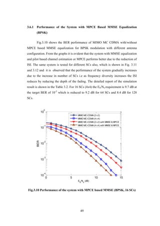 49
3.6.1 Performance of the System with MPCE Based MMSE Equalization
(BPSK)
Fig.3.10 shows the BER performance of MIMO MC CDMA with/without
MPCE based MMSE equalization for BPSK modulation with different antenna
configuration. From the graphs it is evident that the system with MMSE equalization
and pilot based channel estimation or MPCE performs better due to the reduction of
ISI. The same system is tested for different SCs also, which is shown in Fig. 3.11
and 3.12 and it is observed that the performance of the system gradually increases
due to the increase in number of SCs i.e as frequency diversity increases the ISI
reduces by reducing the depth of the fading. The detailed report of the simulation
result is shown in the Table 3.2. For 16 SCs (4x4) the Eb/No requirement is 9.7 dB at
the target BER of 10-3
which is reduced to 9.2 dB for 64 SCs and 8.4 dB for 128
SCs.
Fig.3.10 Performance of the system with MPCE based MMSE (BPSK, 16 SCs)
0 5 10 15
10
-4
10
-3
10
-2
10
-1
10
0
Eb
/No
(dB)
BER
MIMO MC-CDMA (2 x 2)
MIMO MC-CDMA (4 x 4)
MIMO MC-CDMA (2 x 2) with MMSE & MPCE
MIMO MC-CDMA (4 x 4) with MMSE & MPCE
 