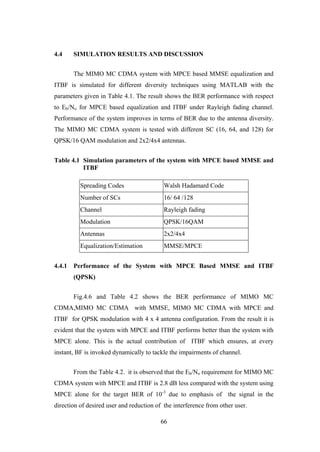 66
4.4 SIMULATION RESULTS AND DISCUSSION
The MIMO MC CDMA system with MPCE based MMSE equalization and
ITBF is simulated for different diversity techniques using MATLAB with the
parameters given in Table 4.1. The result shows the BER performance with respect
to Eb/No for MPCE based equalization and ITBF under Rayleigh fading channel.
Performance of the system improves in terms of BER due to the antenna diversity.
The MIMO MC CDMA system is tested with different SC (16, 64, and 128) for
QPSK/16 QAM modulation and 2x2/4x4 antennas.
Table 4.1 Simulation parameters of the system with MPCE based MMSE and
ITBF
Spreading Codes Walsh Hadamard Code
Number of SCs 16/ 64 /128
Channel Rayleigh fading
Modulation QPSK/16QAM
Antennas 2x2/4x4
Equalization/Estimation MMSE/MPCE
4.4.1 Performance of the System with MPCE Based MMSE and ITBF
(QPSK)
Fig.4.6 and Table 4.2 shows the BER performance of MIMO MC
CDMA,MIMO MC CDMA with MMSE, MIMO MC CDMA with MPCE and
ITBF for QPSK modulation with 4 x 4 antenna configuration. From the result it is
evident that the system with MPCE and ITBF performs better than the system with
MPCE alone. This is the actual contribution of ITBF which ensures, at every
instant, BF is invoked dynamically to tackle the impairments of channel.
From the Table 4.2. it is observed that the Eb/No requirement for MIMO MC
CDMA system with MPCE and ITBF is 2.8 dB less compared with the system using
MPCE alone for the target BER of 10-3
due to emphasis of the signal in the
direction of desired user and reduction of the interference from other user.
 