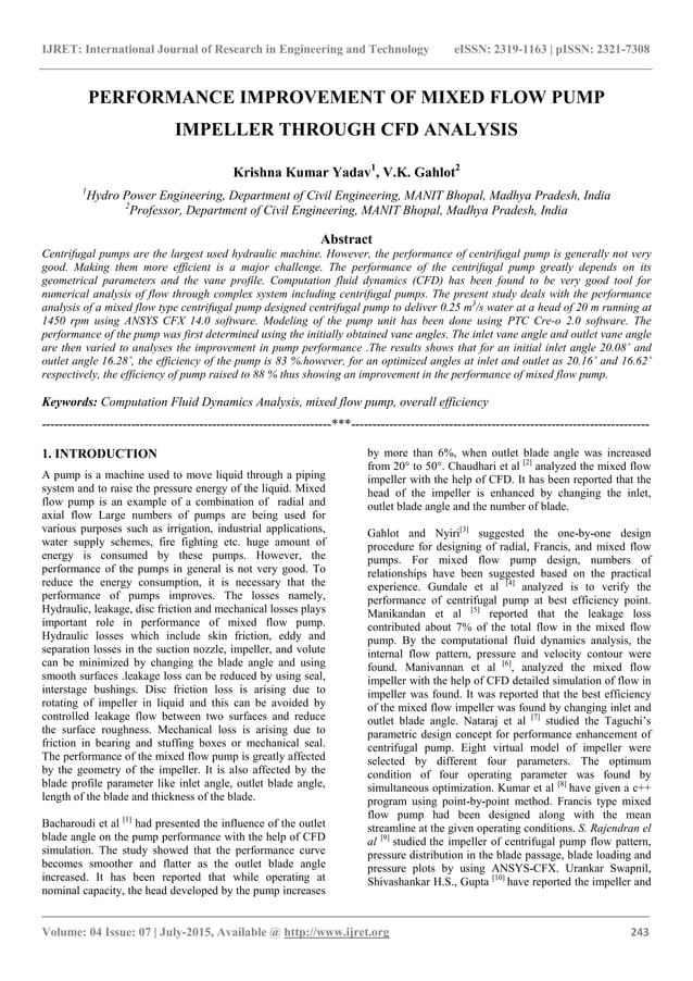 Performance improvement of mixed flow pump impeller through cfd ...