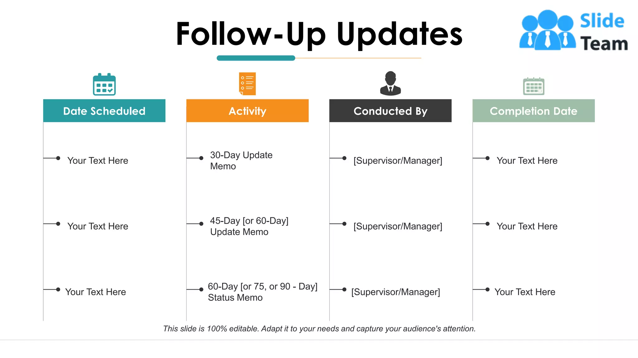 10
Completion Date
Conducted By
Activity
Date Scheduled
30-Day Update
Memo
[Supervisor/Manager]
Your Text Here Your Text Here
45-Day [or 60-Day]
Update Memo
[Supervisor/Manager]
Your Text Here Your Text Here
60-Day [or 75, or 90 - Day]
Status Memo
[Supervisor/Manager]
Your Text Here Your Text Here
This slide is 100% editable. Adapt it to your needs and capture your audience's attention.
Follow-Up Updates
 