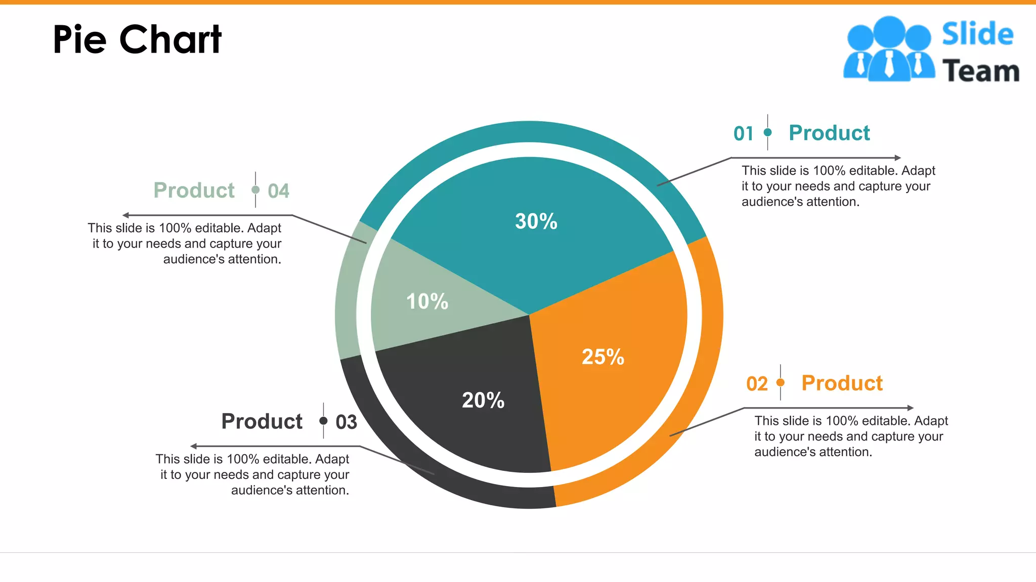 Pie Chart
16
30%
25%
20%
10%
Product
02
This slide is 100% editable. Adapt
it to your needs and capture your
audience's attention.
Product
01
This slide is 100% editable. Adapt
it to your needs and capture your
audience's attention.
Product 03
This slide is 100% editable. Adapt
it to your needs and capture your
audience's attention.
Product 04
This slide is 100% editable. Adapt
it to your needs and capture your
audience's attention.
 