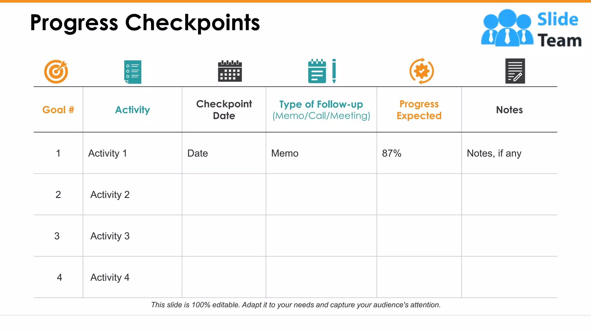 Progress Checkpoints
9
Goal # Activity
Checkpoint
Date
Type of Follow-up
(Memo/Call/Meeting)
Progress
Expected
Notes
1 Activity 1 Date Memo 87% Notes, if any
2 Activity 2
3 Activity 3
4 Activity 4
This slide is 100% editable. Adapt it to your needs and capture your audience's attention.
 