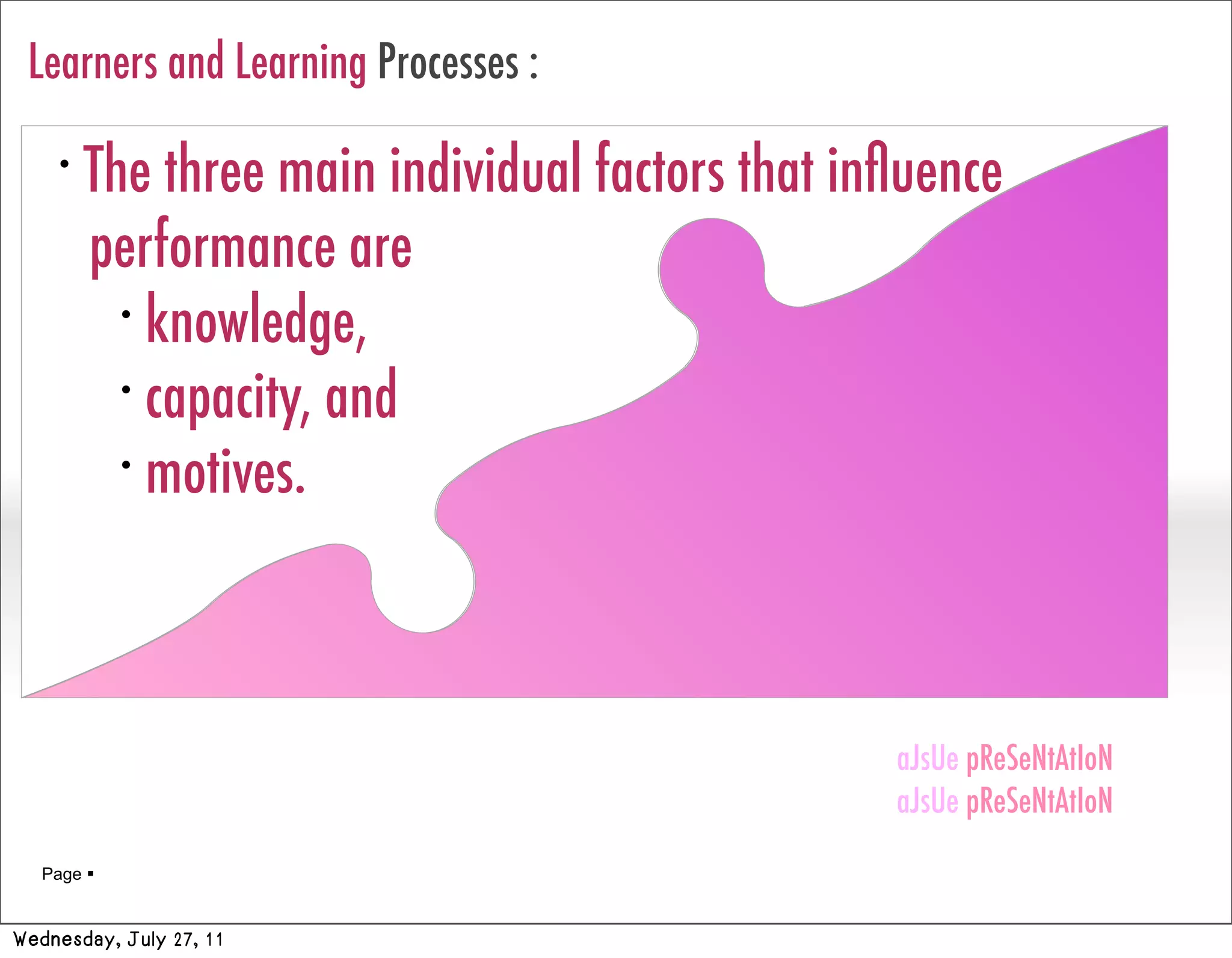 Learners and Learning Processes :
    •
        The three main individual factors that inﬂuence
        performance are
          •
            knowledge,
          •
            capacity, and
          •
            motives.



                                                 aJsUe pReSeNtAtIoN
                                                 aJsUe pReSeNtAtIoN
   Page 


Wednesday, July 27, 11
 