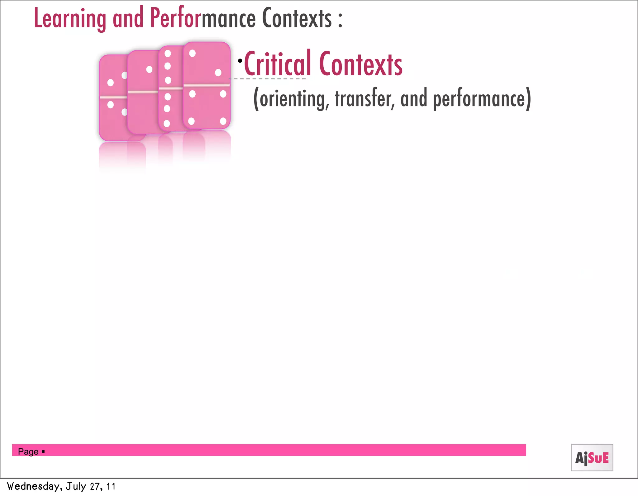Learning and Performance Contexts :
                           •
                            Critical Contexts
                               (orienting, transfer, and performance)




  Page 
                                                                        AjSuE
Wednesday, July 27, 11
 