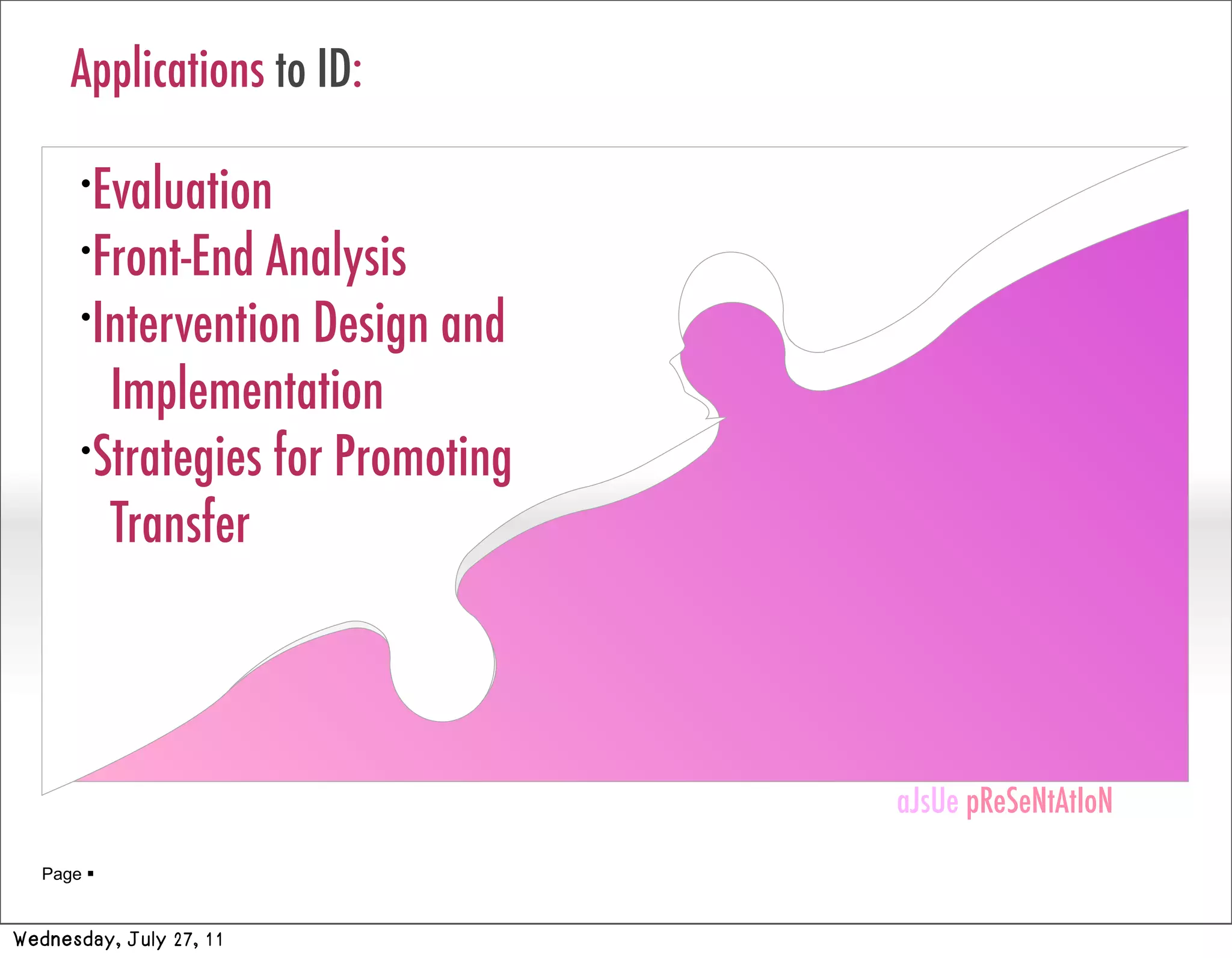 Applications to ID:

       •
        Evaluation
       •
        Front-End Analysis
       •
        Intervention Design and
         Implementation
       •
        Strategies for Promoting
         Transfer



                                   aJsUe pReSeNtAtIoN
                                   aJsUe pReSeNtAtIoN
   Page 


Wednesday, July 27, 11
 