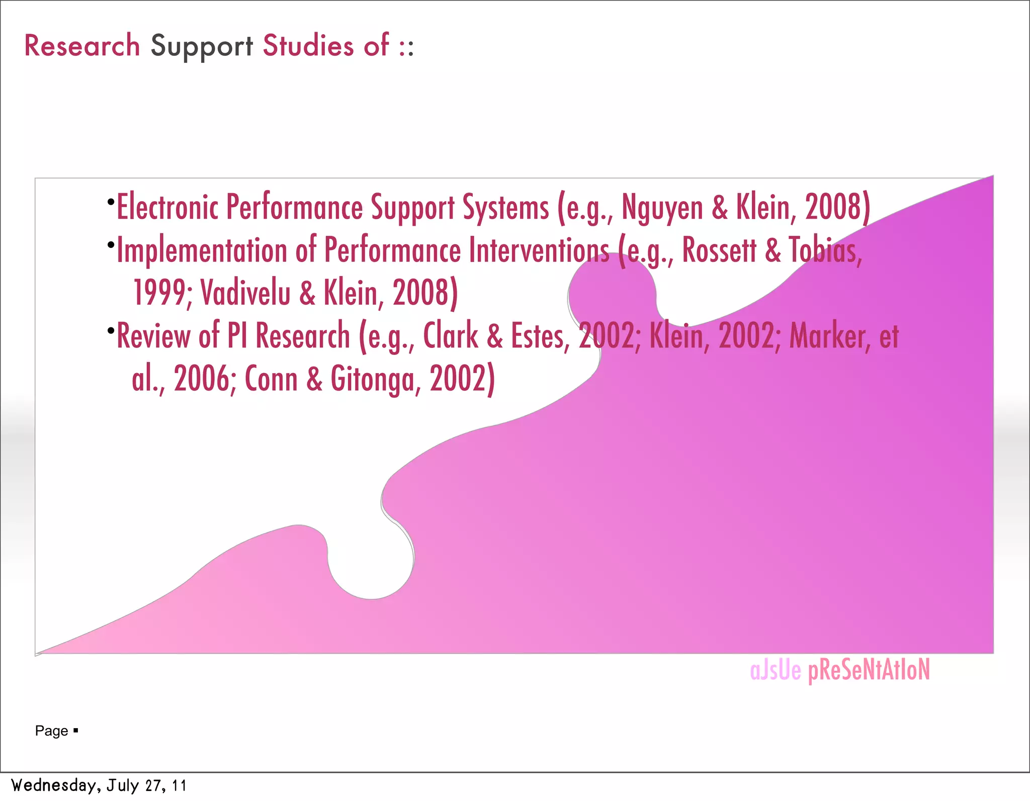Research Support Studies of ::




            •ElectronicPerformance Support Systems (e.g., Nguyen & Klein, 2008)
            •Implementation of Performance Interventions (e.g., Rossett & Tobias,

              1999; Vadivelu & Klein, 2008)
            •Review of PI Research (e.g., Clark & Estes, 2002; Klein, 2002; Marker, et

              al., 2006; Conn & Gitonga, 2002)




                                                                        aJsUe pReSeNtAtIoN
                                                                        aJsUe pReSeNtAtIoN
   Page 


Wednesday, July 27, 11
 