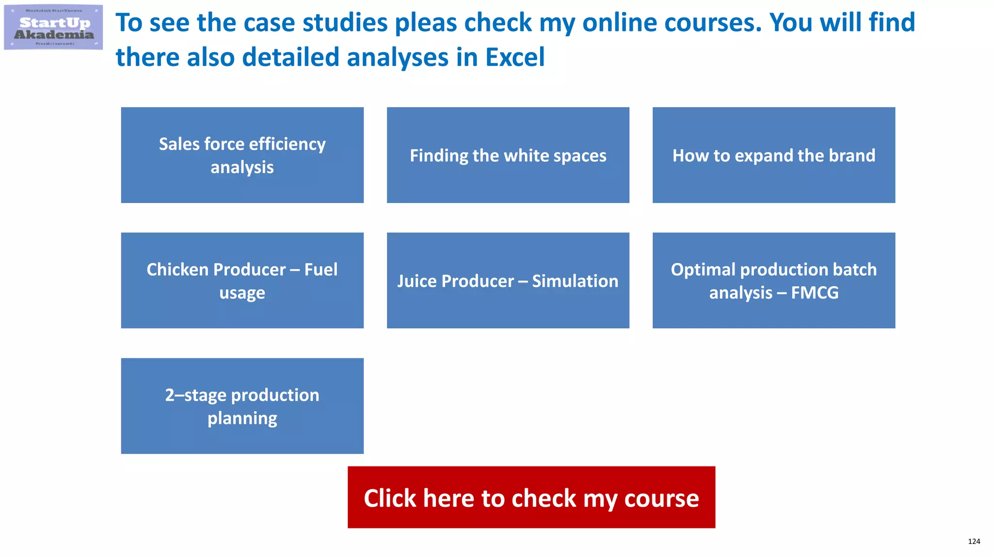 124
To see the case studies pleas check my online courses. You will find
there also detailed analyses in Excel
Sales force efficiency
analysis
Finding the white spaces How to expand the brand
Chicken Producer – Fuel
usage
Juice Producer – Simulation
Optimal production batch
analysis – FMCG
2–stage production
planning
Click here to check my course
 
