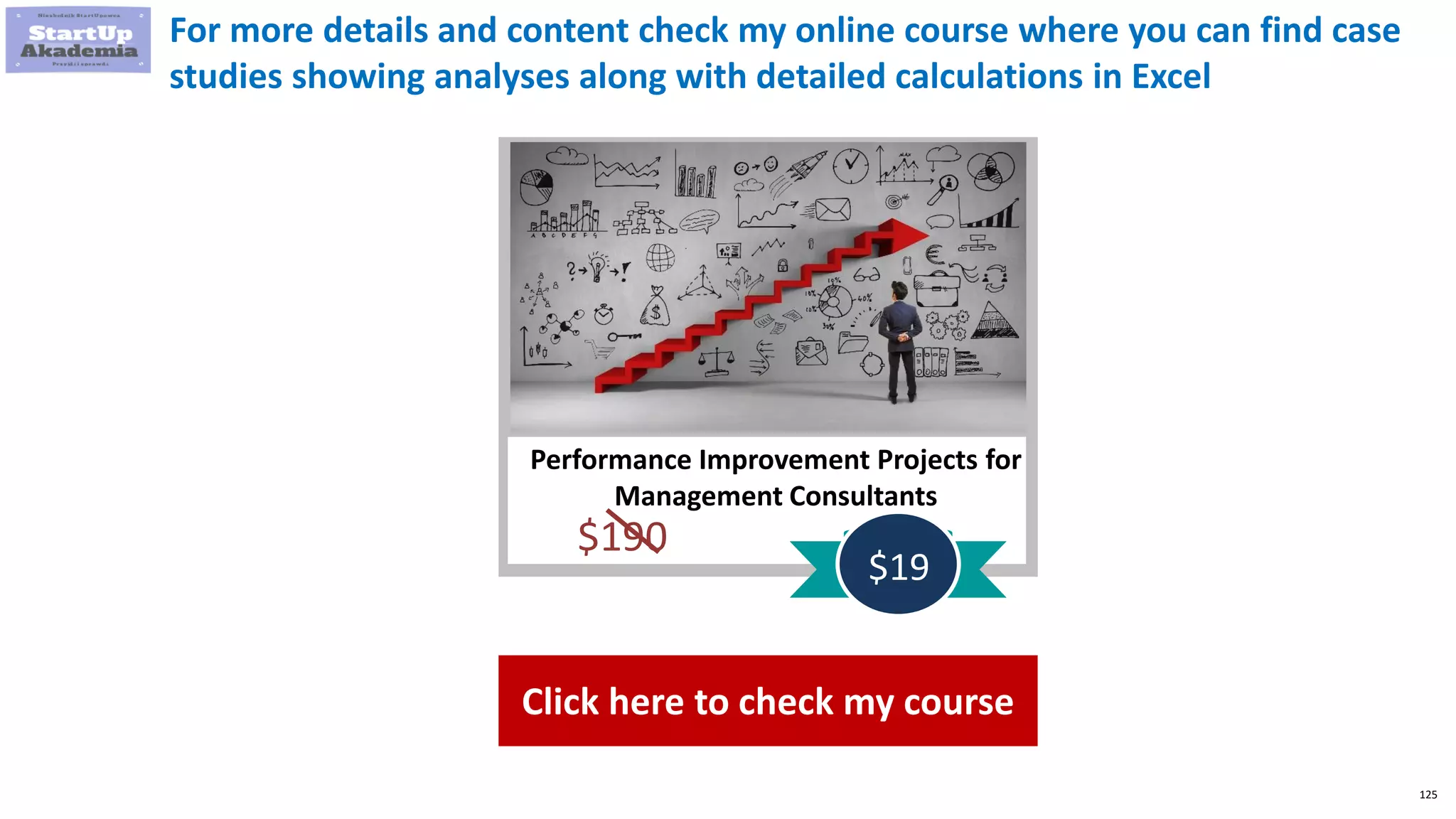 125
Performance Improvement Projects for
Management Consultants
$190
$19
For more details and content check my online course where you can find case
studies showing analyses along with detailed calculations in Excel
Click here to check my course
 