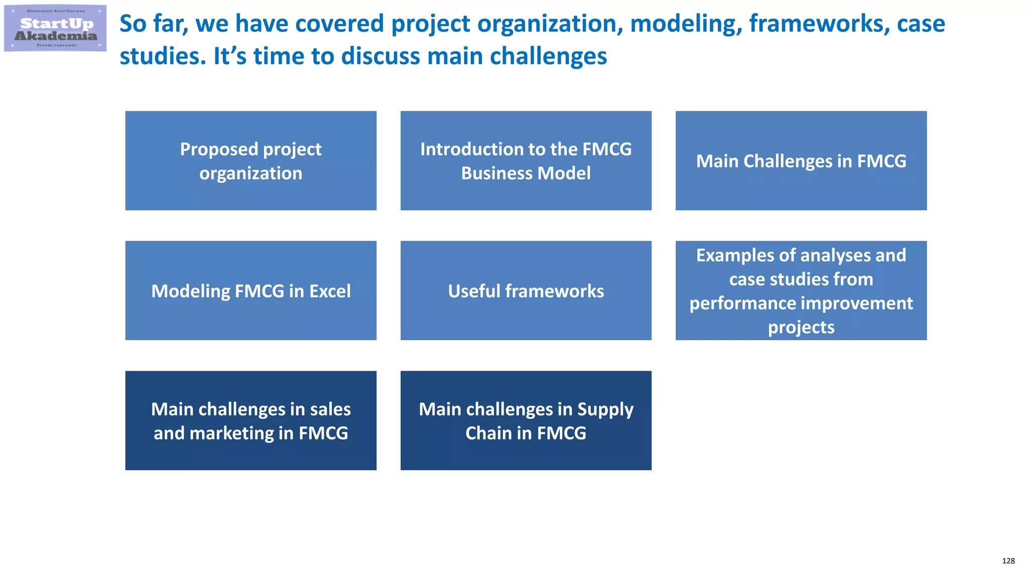 128
So far, we have covered project organization, modeling, frameworks, case
studies. It’s time to discuss main challenges
Proposed project
organization
Introduction to the FMCG
Business Model
Main Challenges in FMCG
Modeling FMCG in Excel Useful frameworks
Examples of analyses and
case studies from
performance improvement
projects
Main challenges in sales
and marketing in FMCG
Main challenges in Supply
Chain in FMCG
 