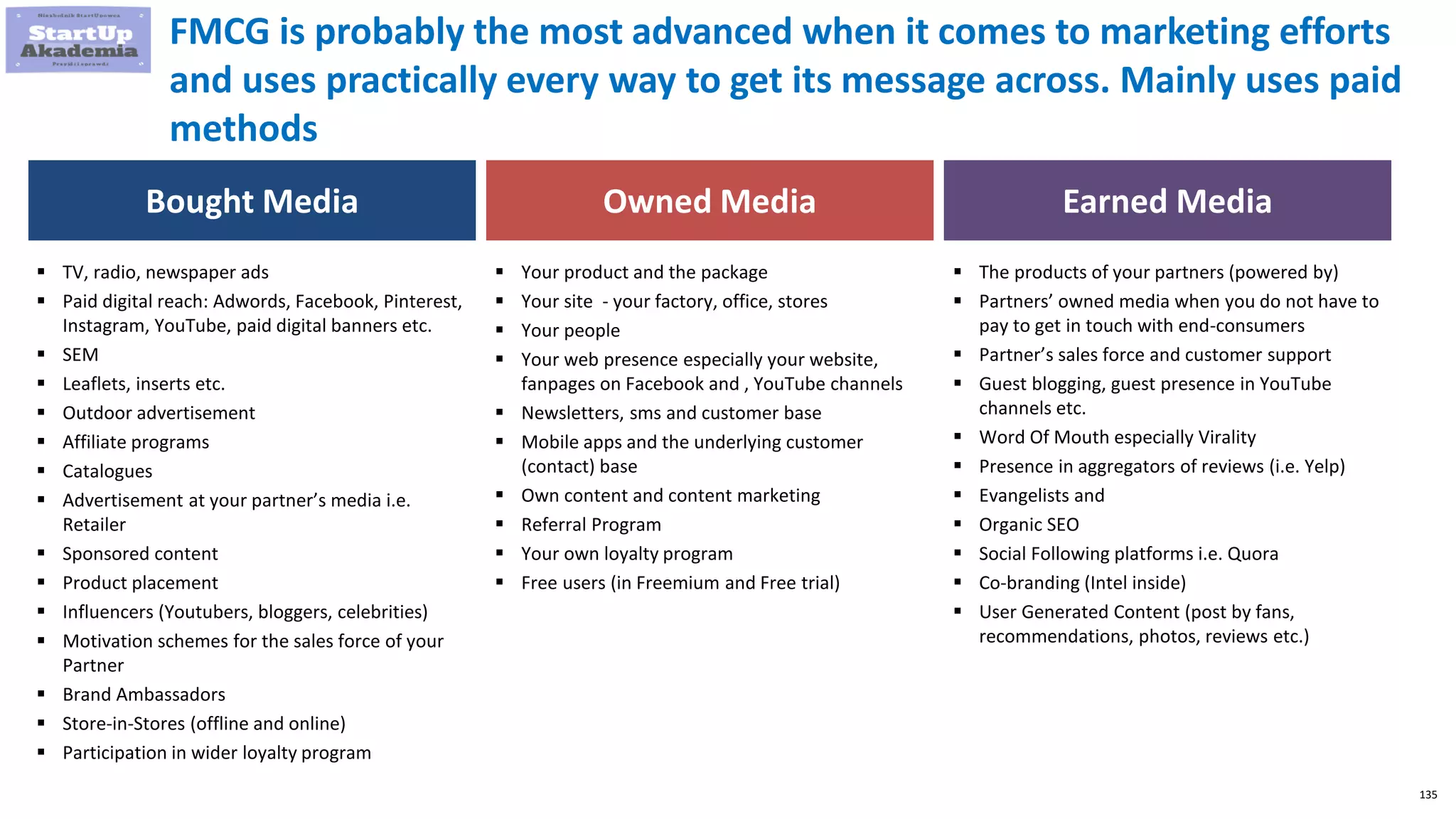 135
FMCG is probably the most advanced when it comes to marketing efforts
and uses practically every way to get its message across. Mainly uses paid
methods
Bought Media Owned Media Earned Media
 TV, radio, newspaper ads
 Paid digital reach: Adwords, Facebook, Pinterest,
Instagram, YouTube, paid digital banners etc.
 SEM
 Leaflets, inserts etc.
 Outdoor advertisement
 Affiliate programs
 Catalogues
 Advertisement at your partner’s media i.e.
Retailer
 Sponsored content
 Product placement
 Influencers (Youtubers, bloggers, celebrities)
 Motivation schemes for the sales force of your
Partner
 Brand Ambassadors
 Store-in-Stores (offline and online)
 Participation in wider loyalty program
 Your product and the package
 Your site - your factory, office, stores
 Your people
 Your web presence especially your website,
fanpages on Facebook and , YouTube channels
 Newsletters, sms and customer base
 Mobile apps and the underlying customer
(contact) base
 Own content and content marketing
 Referral Program
 Your own loyalty program
 Free users (in Freemium and Free trial)
 The products of your partners (powered by)
 Partners’ owned media when you do not have to
pay to get in touch with end-consumers
 Partner’s sales force and customer support
 Guest blogging, guest presence in YouTube
channels etc.
 Word Of Mouth especially Virality
 Presence in aggregators of reviews (i.e. Yelp)
 Evangelists and
 Organic SEO
 Social Following platforms i.e. Quora
 Co-branding (Intel inside)
 User Generated Content (post by fans,
recommendations, photos, reviews etc.)
 