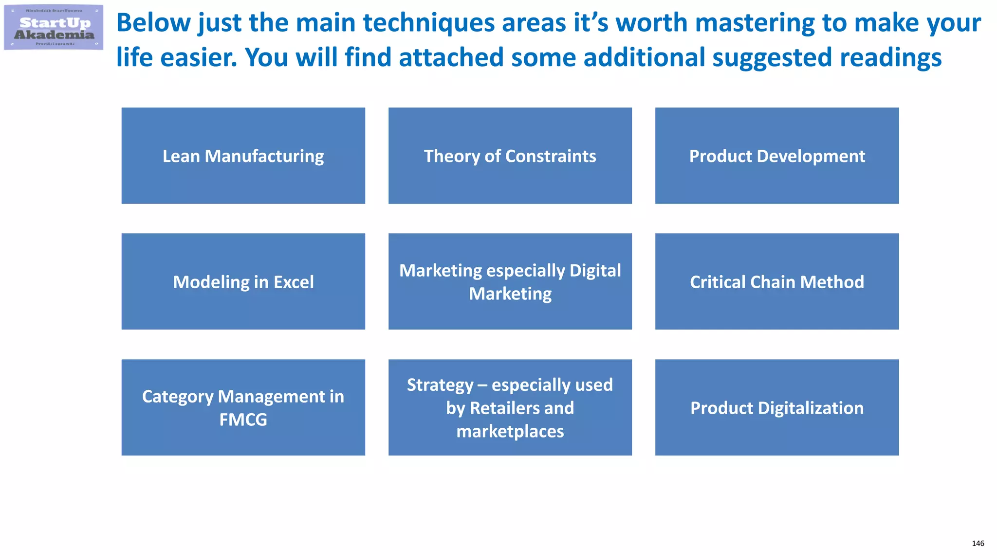 146
Below just the main techniques areas it’s worth mastering to make your
life easier. You will find attached some additional suggested readings
Lean Manufacturing Theory of Constraints Product Development
Modeling in Excel
Marketing especially Digital
Marketing
Critical Chain Method
Category Management in
FMCG
Strategy – especially used
by Retailers and
marketplaces
Product Digitalization
 