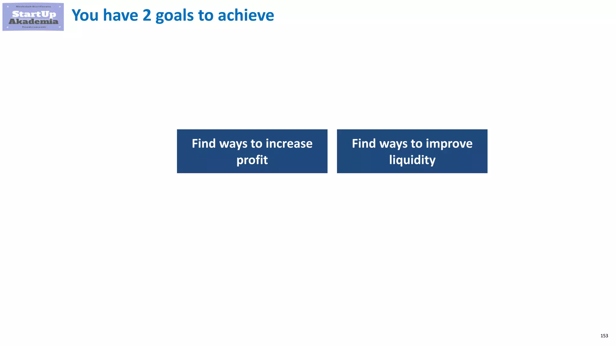 153
You have 2 goals to achieve
Find ways to increase
profit
Find ways to improve
liquidity
 