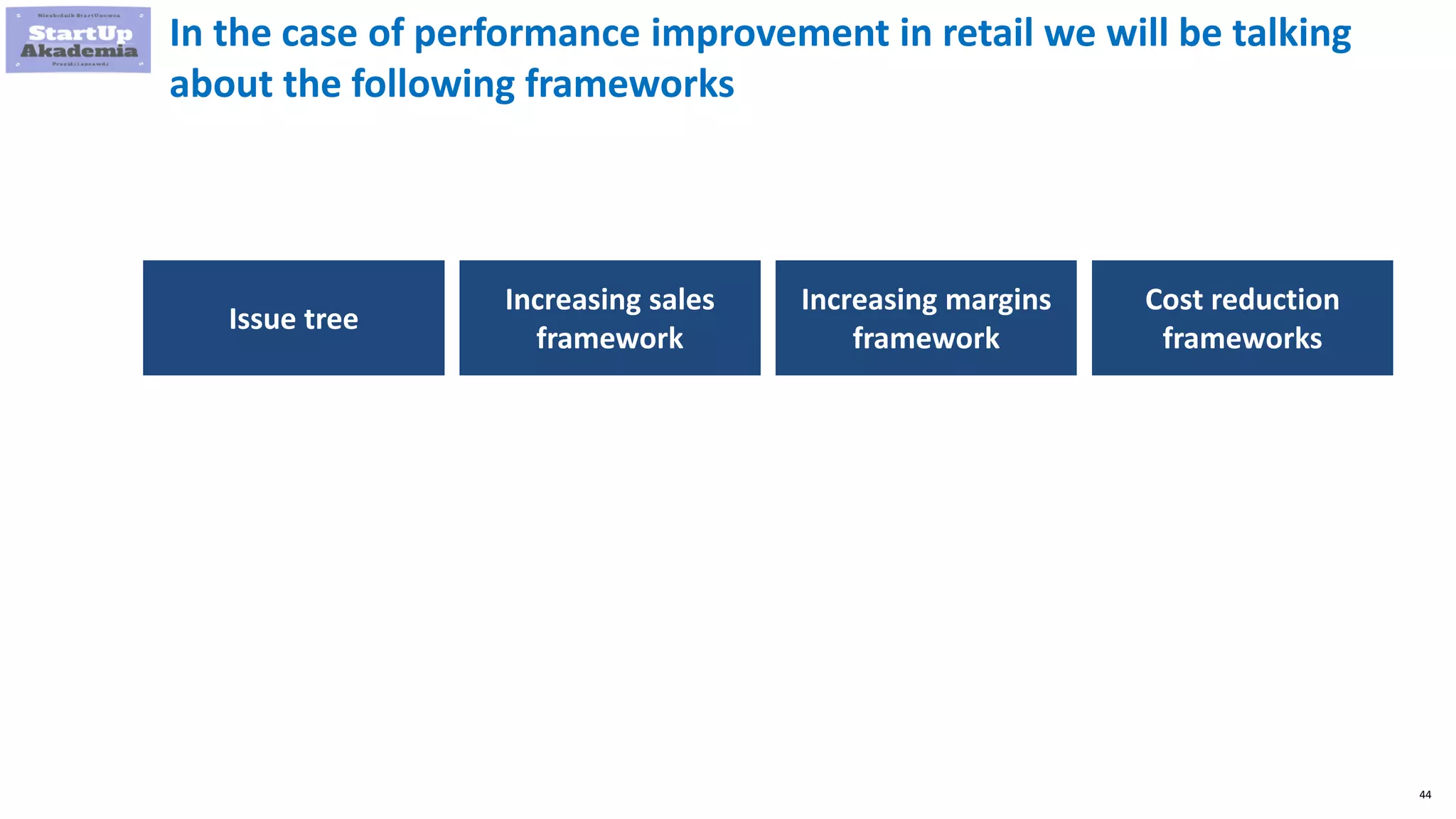 44
In the case of performance improvement in retail we will be talking
about the following frameworks
Issue tree
Increasing sales
framework
Increasing margins
framework
Cost reduction
frameworks
 