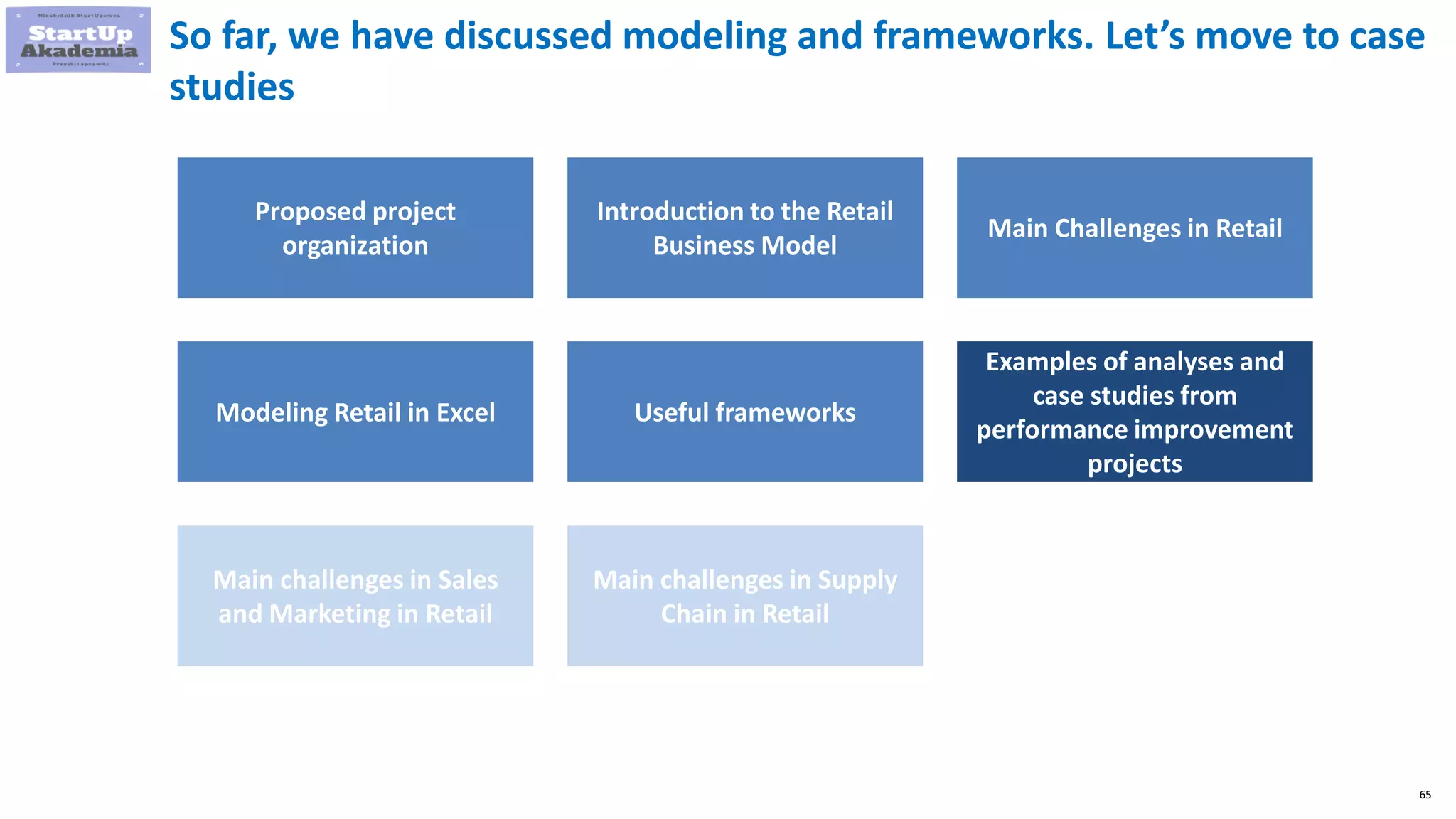 65
So far, we have discussed modeling and frameworks. Let’s move to case
studies
Proposed project
organization
Introduction to the Retail
Business Model
Main Challenges in Retail
Modeling Retail in Excel Useful frameworks
Examples of analyses and
case studies from
performance improvement
projects
Main challenges in Sales
and Marketing in Retail
Main challenges in Supply
Chain in Retail
 