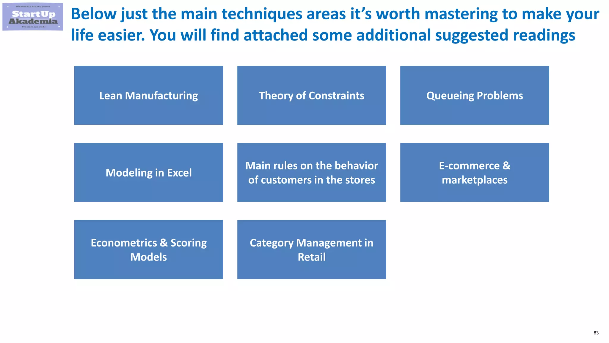 83
Below just the main techniques areas it’s worth mastering to make your
life easier. You will find attached some additional suggested readings
Lean Manufacturing Theory of Constraints Queueing Problems
Modeling in Excel
Main rules on the behavior
of customers in the stores
E-commerce &
marketplaces
Econometrics & Scoring
Models
Category Management in
Retail
 