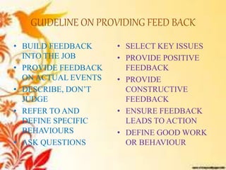 GUIDELINE ON PROVIDING FEED BACK
• BUILD FEEDBACK
INTO THE JOB
• PROVIDE FEEDBACK
ON ACTUAL EVENTS
• DESCRIBE, DON’T
JUDGE
• REFER TO AND
DEFINE SPECIFIC
BEHAVIOURS
• ASK QUESTIONS
• SELECT KEY ISSUES
• PROVIDE POSITIVE
FEEDBACK
• PROVIDE
CONSTRUCTIVE
FEEDBACK
• ENSURE FEEDBACK
LEADS TO ACTION
• DEFINE GOOD WORK
OR BEHAVIOUR
 