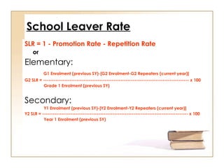 School Leaver Rate
SLR = 1 - Promotion Rate - Repetition Rate
or
Elementary:
G1 Enrolment (previous SY)-[G2 Enrolment-G2 Repeaters (current year)]
G2 SLR = ----------------------------------------------------------------------------------- x 100
Grade 1 Enrolment (previous SY)
Secondary:
Y1 Enrolment (previous SY)-[Y2 Enrolment-Y2 Repeaters (current year)]
Y2 SLR = ----------------------------------------------------------------------------------- x 100
Year 1 Enrolment (previous SY)
 