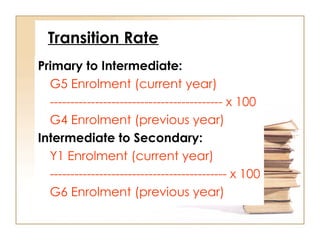 Transition Rate
Primary to Intermediate:
G5 Enrolment (current year)
------------------------------------------ x 100
G4 Enrolment (previous year)
Intermediate to Secondary:
Y1 Enrolment (current year)
------------------------------------------- x 100
G6 Enrolment (previous year)
 