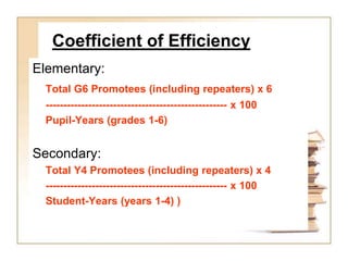 Coefficient of Efficiency
Elementary:
Total G6 Promotees (including repeaters) x 6
--------------------------------------------------- x 100
Pupil-Years (grades 1-6)
Secondary:
Total Y4 Promotees (including repeaters) x 4
--------------------------------------------------- x 100
Student-Years (years 1-4) )
 