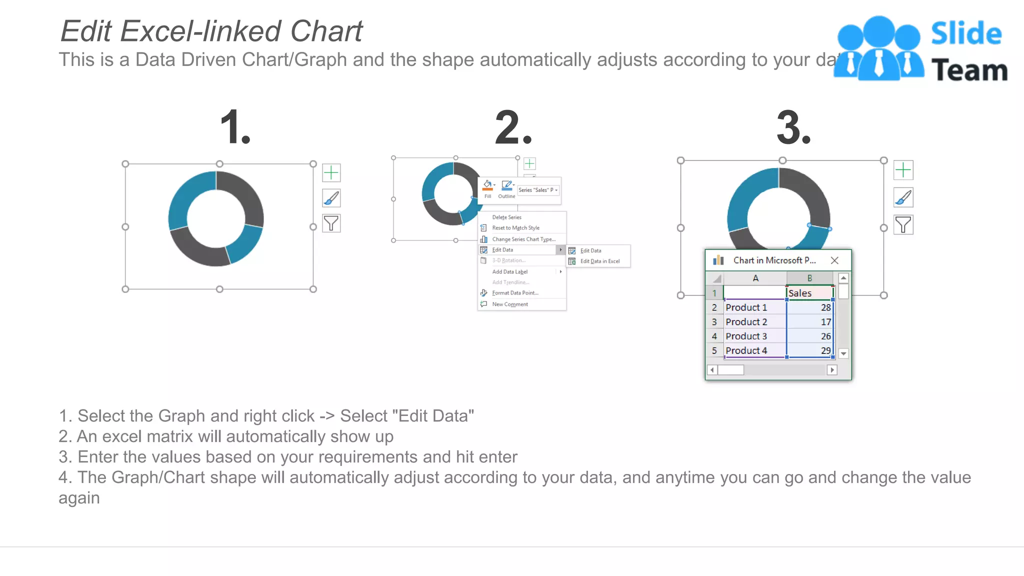 1. Select the Graph and right click -> Select "Edit Data"
2. An excel matrix will automatically show up
3. Enter the values based on your requirements and hit enter
4. The Graph/Chart shape will automatically adjust according to your data, and anytime you can go and change the value
again
Edit Excel-linked Chart
This is a Data Driven Chart/Graph and the shape automatically adjusts according to your data
1 2 3
 
