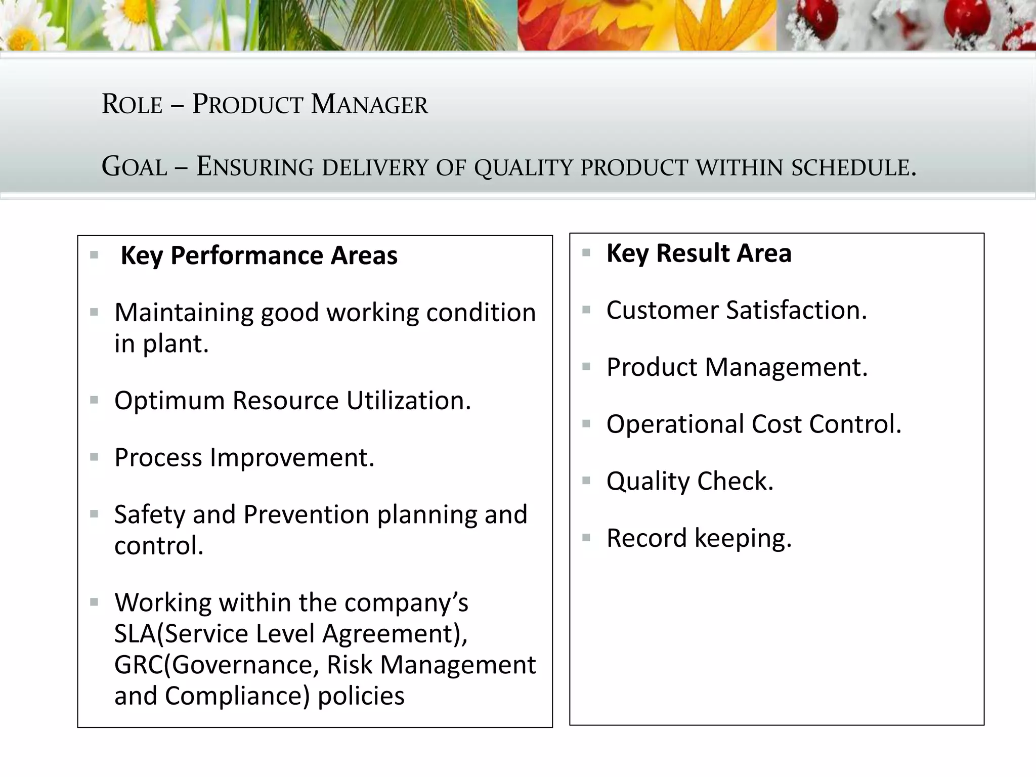 ROLE – PRODUCT MANAGER
GOAL – ENSURING DELIVERY OF QUALITY PRODUCT WITHIN SCHEDULE.
 Key Result Area
 Customer Satisfaction.
 Product Management.
 Operational Cost Control.
 Quality Check.
 Record keeping.
 Key Performance Areas
 Maintaining good working condition
in plant.
 Optimum Resource Utilization.
 Process Improvement.
 Safety and Prevention planning and
control.
 Working within the company’s
SLA(Service Level Agreement),
GRC(Governance, Risk Management
and Compliance) policies
 