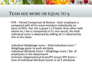 TEAM SIZE MORE OR EQUAL TO 5
 PCR – Paired Comparison & Review - Each employee is
compared with all his team members individually on
basis of KPFs. He/ she is given 1 ( if better than other with
whom he / she is compared) or 0 ( vice-versa). His total
individual score is obtained by adding all 1’s obtained by
him in the sheet.

Individual Weightage score = Total Individual score *
Weightage given to each attribute
Individual Attribute Score = Weightage score / No. of
employees in the department
Common Organizational Score/PC Score/ KPF Score =
Sum of Individual Attribute Scores in all 5 attributes
 
