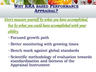 WHY KRA BASED PERFORMANCE
APPRAISAL?
Don't measure yourself by what you have accomplished,
but by what you could have accomplished with your
ability.
 Focused growth path
 Better monitoring with growing times
 Bench mark against global standards
 Scientific methodology of evaluation towards
standardization and fairness of the
Appraisal Instrument
 