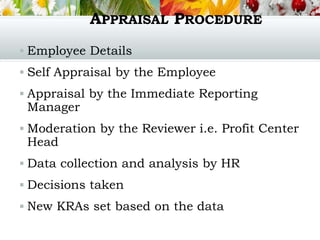 APPRAISAL PROCEDURE
 Employee Details
 Self Appraisal by the Employee
 Appraisal by the Immediate Reporting
Manager
 Moderation by the Reviewer i.e. Profit Center
Head
 Data collection and analysis by HR
 Decisions taken
 New KRAs set based on the data
 