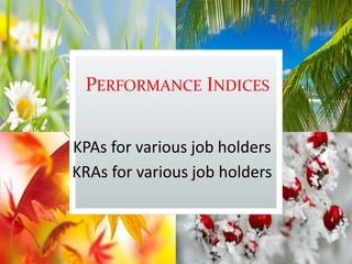 PERFORMANCE INDICES
KPAs for various job holders
KRAs for various job holders
 