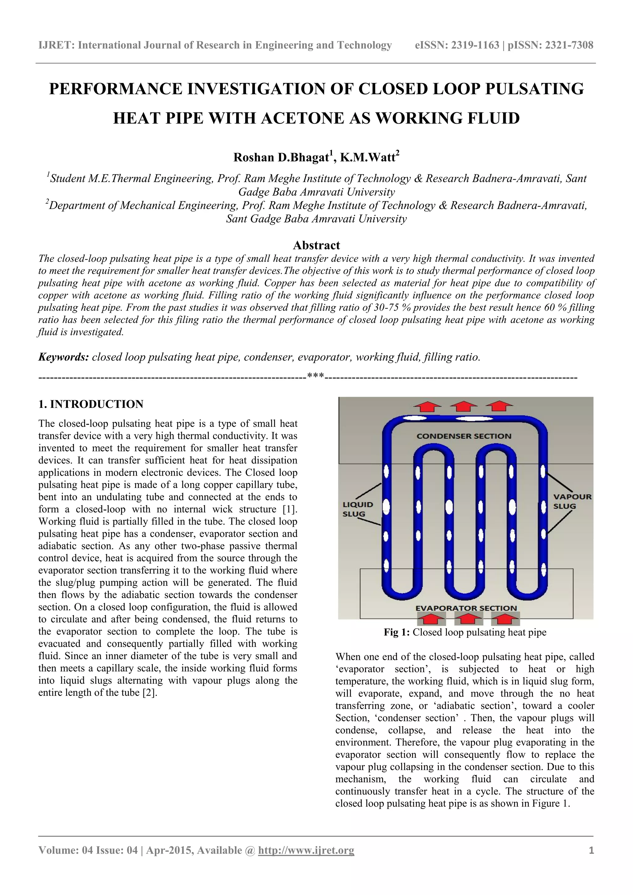 Performance investigation of closed loop pulsating heat pipe with ...
