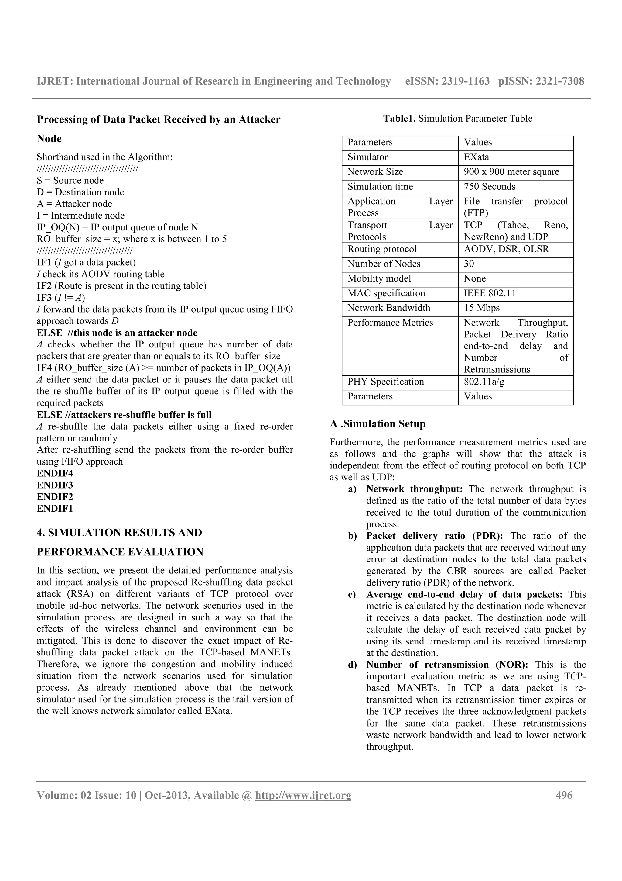 IJRET: International Journal of Research in Engineering and Technology eISSN: 2319-1163 | pISSN: 2321-7308
__________________________________________________________________________________________
Volume: 02 Issue: 10 | Oct-2013, Available @ http://www.ijret.org 496
Processing of Data Packet Received by an Attacker
Node
Shorthand used in the Algorithm:
////////////////////////////////////
S = Source node
D = Destination node
A = Attacker node
I = Intermediate node
IP_OQ(N) = IP output queue of node N
RO_buffer_size = x; where x is between 1 to 5
//////////////////////////////////
IF1 (I got a data packet)
I check its AODV routing table
IF2 (Route is present in the routing table)
IF3 (I != A)
I forward the data packets from its IP output queue using FIFO
approach towards D
ELSE //this node is an attacker node
A checks whether the IP output queue has number of data
packets that are greater than or equals to its RO_buffer_size
IF4 (RO_buffer_size (A) >= number of packets in IP_OQ(A))
A either send the data packet or it pauses the data packet till
the re-shuffle buffer of its IP output queue is filled with the
required packets
ELSE //attackers re-shuffle buffer is full
A re-shuffle the data packets either using a fixed re-order
pattern or randomly
After re-shuffling send the packets from the re-order buffer
using FIFO approach
ENDIF4
ENDIF3
ENDIF2
ENDIF1
4. SIMULATION RESULTS AND
PERFORMANCE EVALUATION
In this section, we present the detailed performance analysis
and impact analysis of the proposed Re-shuffling data packet
attack (RSA) on different variants of TCP protocol over
mobile ad-hoc networks. The network scenarios used in the
simulation process are designed in such a way so that the
effects of the wireless channel and environment can be
mitigated. This is done to discover the exact impact of Re-
shuffling data packet attack on the TCP-based MANETs.
Therefore, we ignore the congestion and mobility induced
situation from the network scenarios used for simulation
process. As already mentioned above that the network
simulator used for the simulation process is the trail version of
the well knows network simulator called EXata.
Table1. Simulation Parameter Table
Parameters Values
Simulator EXata
Network Size 900 x 900 meter square
Simulation time 750 Seconds
Application Layer
Process
File transfer protocol
(FTP)
Transport Layer
Protocols
TCP (Tahoe, Reno,
NewReno) and UDP
Routing protocol AODV, DSR, OLSR
Number of Nodes 30
Mobility model None
MAC specification IEEE 802.11
Network Bandwidth 15 Mbps
Performance Metrics Network Throughput,
Packet Delivery Ratio
end-to-end delay and
Number of
Retransmissions
PHY Specification 802.11a/g
Parameters Values
A .Simulation Setup
Furthermore, the performance measurement metrics used are
as follows and the graphs will show that the attack is
independent from the effect of routing protocol on both TCP
as well as UDP:
a) Network throughput: The network throughput is
defined as the ratio of the total number of data bytes
received to the total duration of the communication
process.
b) Packet delivery ratio (PDR): The ratio of the
application data packets that are received without any
error at destination nodes to the total data packets
generated by the CBR sources are called Packet
delivery ratio (PDR) of the network.
c) Average end-to-end delay of data packets: This
metric is calculated by the destination node whenever
it receives a data packet. The destination node will
calculate the delay of each received data packet by
using its send timestamp and its received timestamp
at the destination.
d) Number of retransmission (NOR): This is the
important evaluation metric as we are using TCP-
based MANETs. In TCP a data packet is re-
transmitted when its retransmission timer expires or
the TCP receives the three acknowledgment packets
for the same data packet. These retransmissions
waste network bandwidth and lead to lower network
throughput.
 