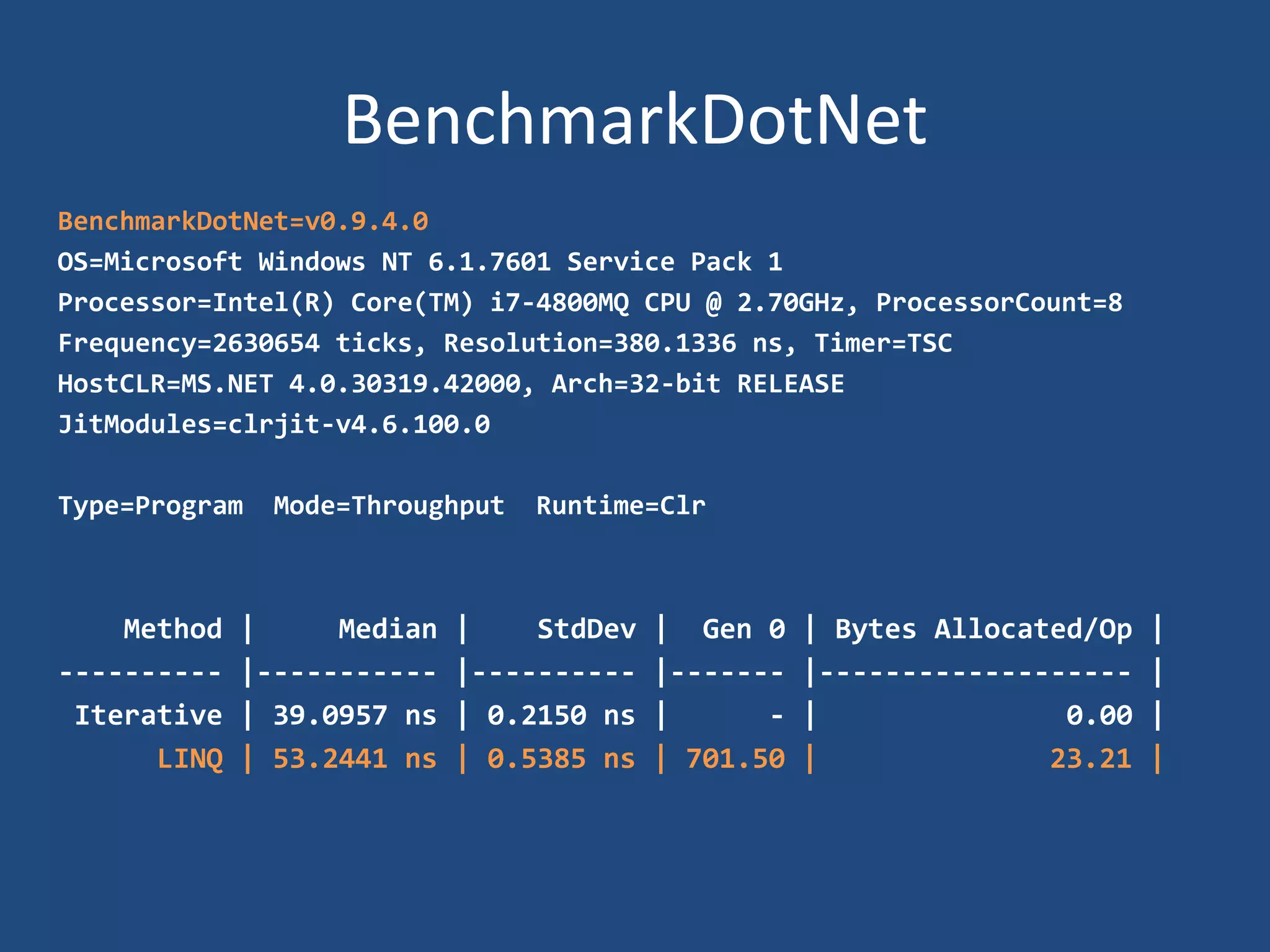 BenchmarkDotNet
BenchmarkDotNet=v0.9.4.0
OS=Microsoft Windows NT 6.1.7601 Service Pack 1
Processor=Intel(R) Core(TM) i7-4800MQ CPU @ 2.70GHz, ProcessorCount=8
Frequency=2630654 ticks, Resolution=380.1336 ns, Timer=TSC
HostCLR=MS.NET 4.0.30319.42000, Arch=32-bit RELEASE
JitModules=clrjit-v4.6.100.0
Type=Program Mode=Throughput Runtime=Clr
Method | Median | StdDev | Gen 0 | Bytes Allocated/Op |
---------- |----------- |---------- |------- |------------------- |
Iterative | 39.0957 ns | 0.2150 ns | - | 0.00 |
LINQ | 53.2441 ns | 0.5385 ns | 701.50 | 23.21 |
 