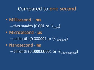 Compared to one second
• Millisecond – ms
–thousandth (0.001 or 1/1000)
• Microsecond - μs
–millionth (0.000001 or 1/1,000,000)
• Nanosecond - ns
–billionth (0.000000001 or 1/1,000,000,000)
 
