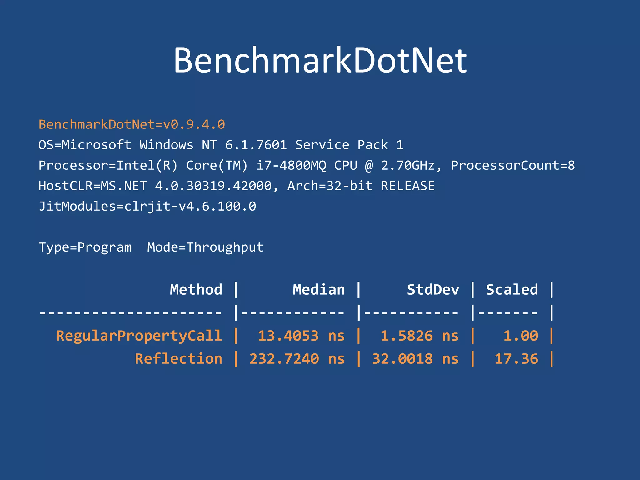 BenchmarkDotNet
BenchmarkDotNet=v0.9.4.0
OS=Microsoft Windows NT 6.1.7601 Service Pack 1
Processor=Intel(R) Core(TM) i7-4800MQ CPU @ 2.70GHz, ProcessorCount=8
HostCLR=MS.NET 4.0.30319.42000, Arch=32-bit RELEASE
JitModules=clrjit-v4.6.100.0
Type=Program Mode=Throughput
Method | Median | StdDev | Scaled |
--------------------- |------------ |----------- |------- |
RegularPropertyCall | 13.4053 ns | 1.5826 ns | 1.00 |
Reflection | 232.7240 ns | 32.0018 ns | 17.36 |
 