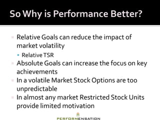    Relative Goals can reduce the impact of
    market volatility
     Relative TSR
   Absolute Goals can increase the focus on key
    achievements
   In a volatile Market Stock Options are too
    unpredictable
   In almost any market Restricted Stock Units
    provide limited motivation
 