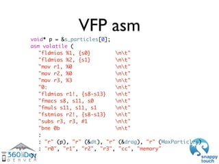 VFP asm
    What’s the loop/cache overhead?
	   	   	   for (int i=0; i<MaxParticles; ++i)
	   	   	   {
	   	   	   	 Par...