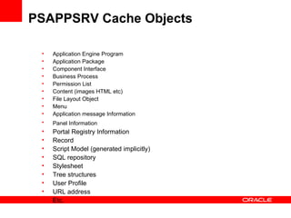 PSAPPSRV Cache Objects Application Engine Program Application Package Component Interface Business Process Permission List  Content (images HTML etc) File Layout Object Menu Application message Information  Panel Information   Portal Registry Information Record Script Model (generated implicitly) SQL repository Stylesheet Tree structures User Profile URL address Etc. 